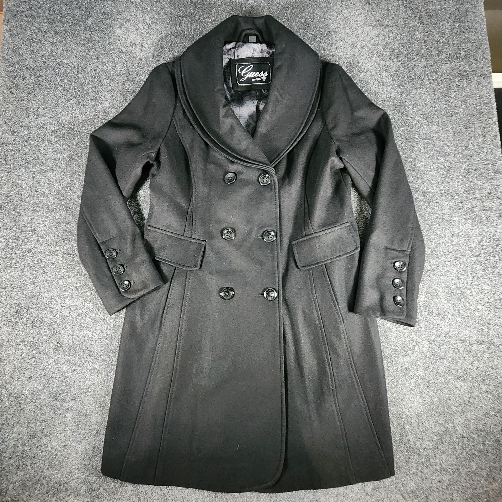 Guess Women's Pea Coat Size Xl Black Wool Blend Lined Double Breasted Shawl